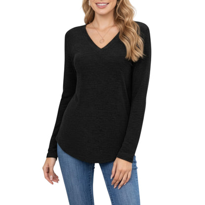 Long Sleeve V-Neck Knit Top with Curved Hem and Relaxed Fit