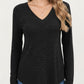 Long Sleeve V-Neck Knit Top with Curved Hem and Relaxed Fit