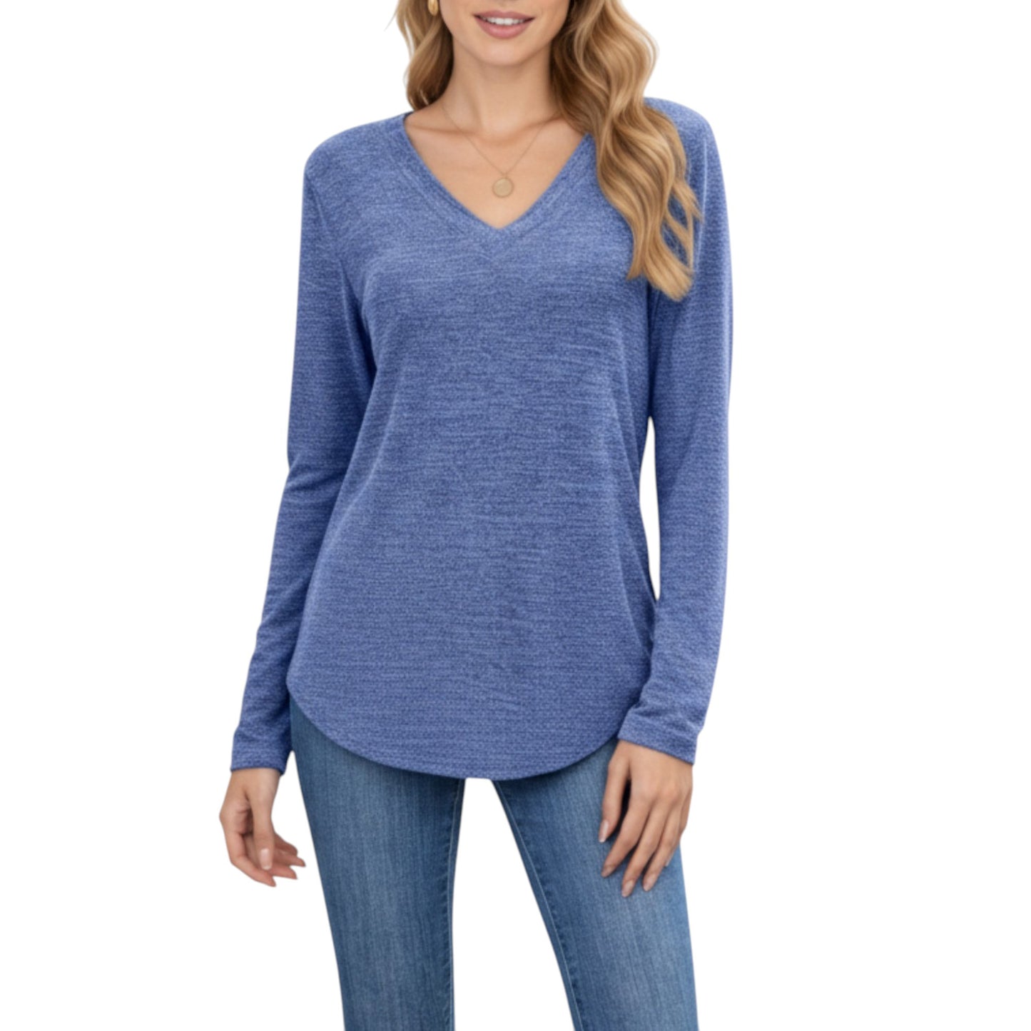 Long Sleeve V-Neck Knit Top with Curved Hem and Relaxed Fit