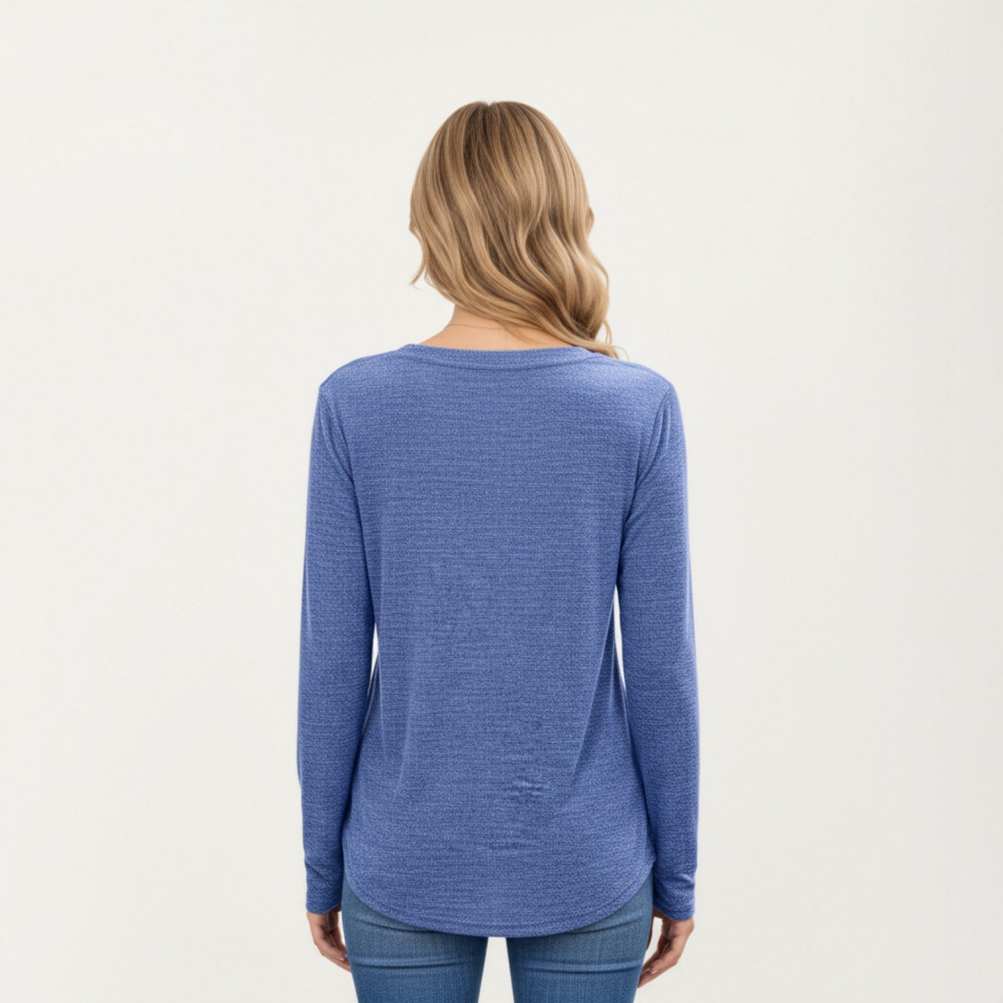 Long Sleeve V-Neck Knit Top with Curved Hem and Relaxed Fit