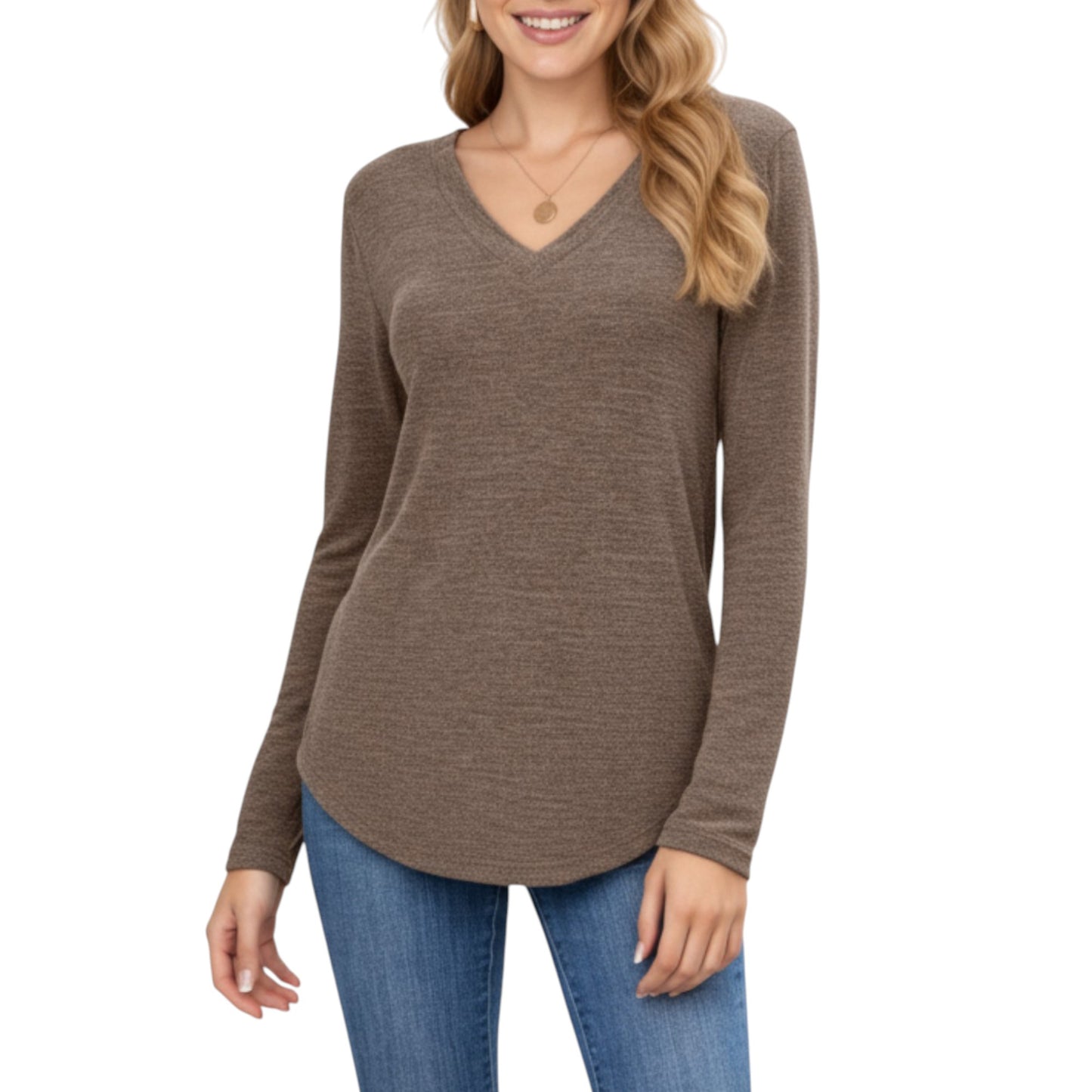 Long Sleeve V-Neck Knit Top with Curved Hem and Relaxed Fit