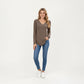 Long Sleeve V-Neck Knit Top with Curved Hem and Relaxed Fit