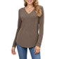 Long Sleeve V-Neck Knit Top with Curved Hem and Relaxed Fit