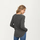 Long Sleeve V-Neck Knit Top with Curved Hem and Relaxed Fit