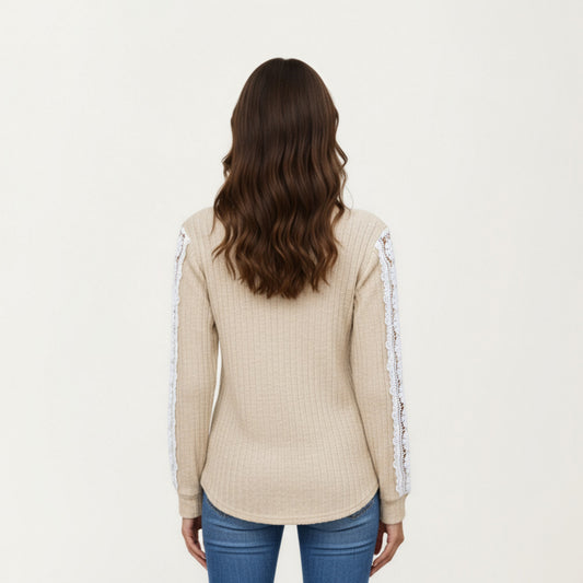 Long Sleeve V-Neck Knit Top with Lace Trim Detailing on Sleeves