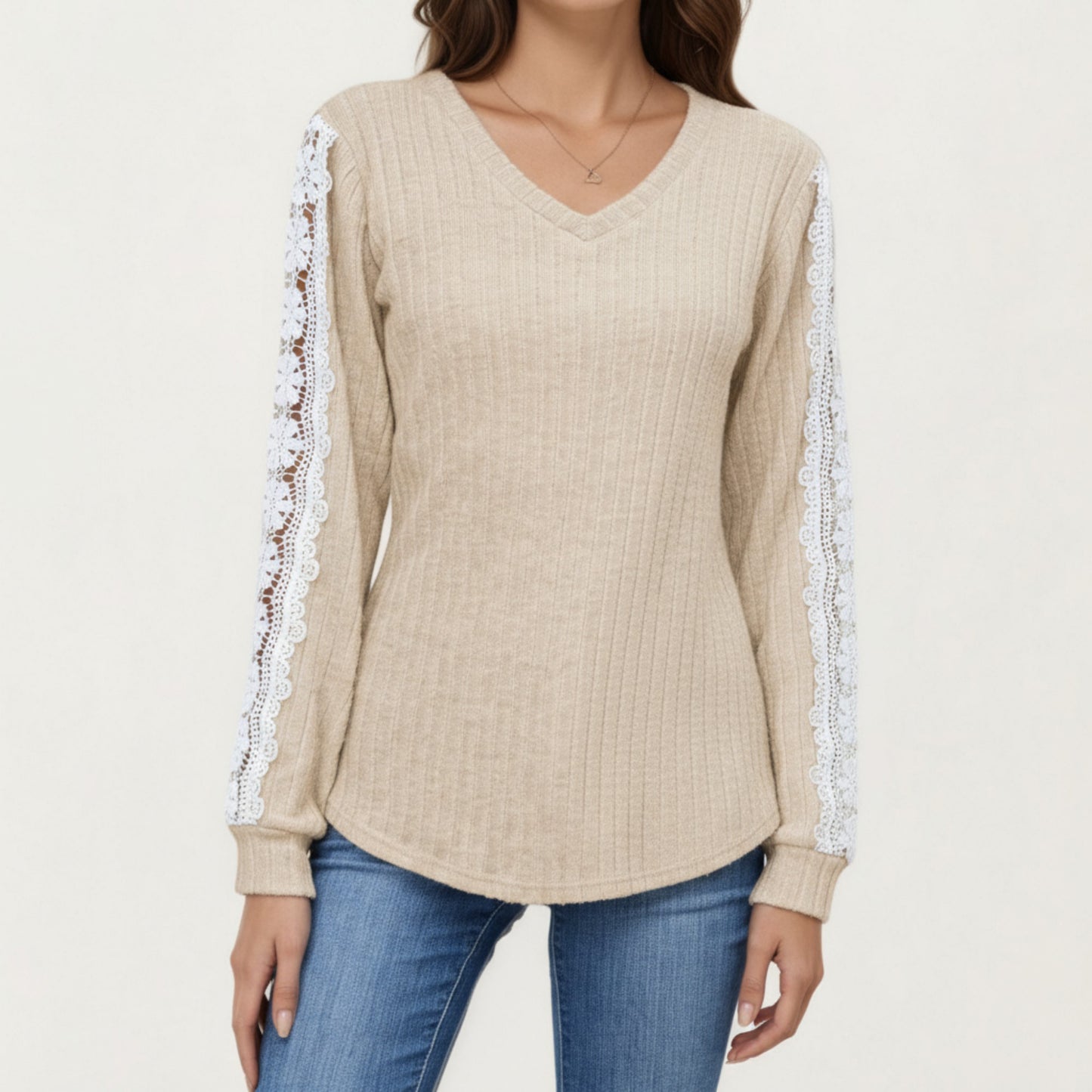 Long Sleeve V-Neck Knit Top with Lace Trim Detailing on Sleeves