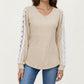 Long Sleeve V-Neck Knit Top with Lace Trim Detailing on Sleeves