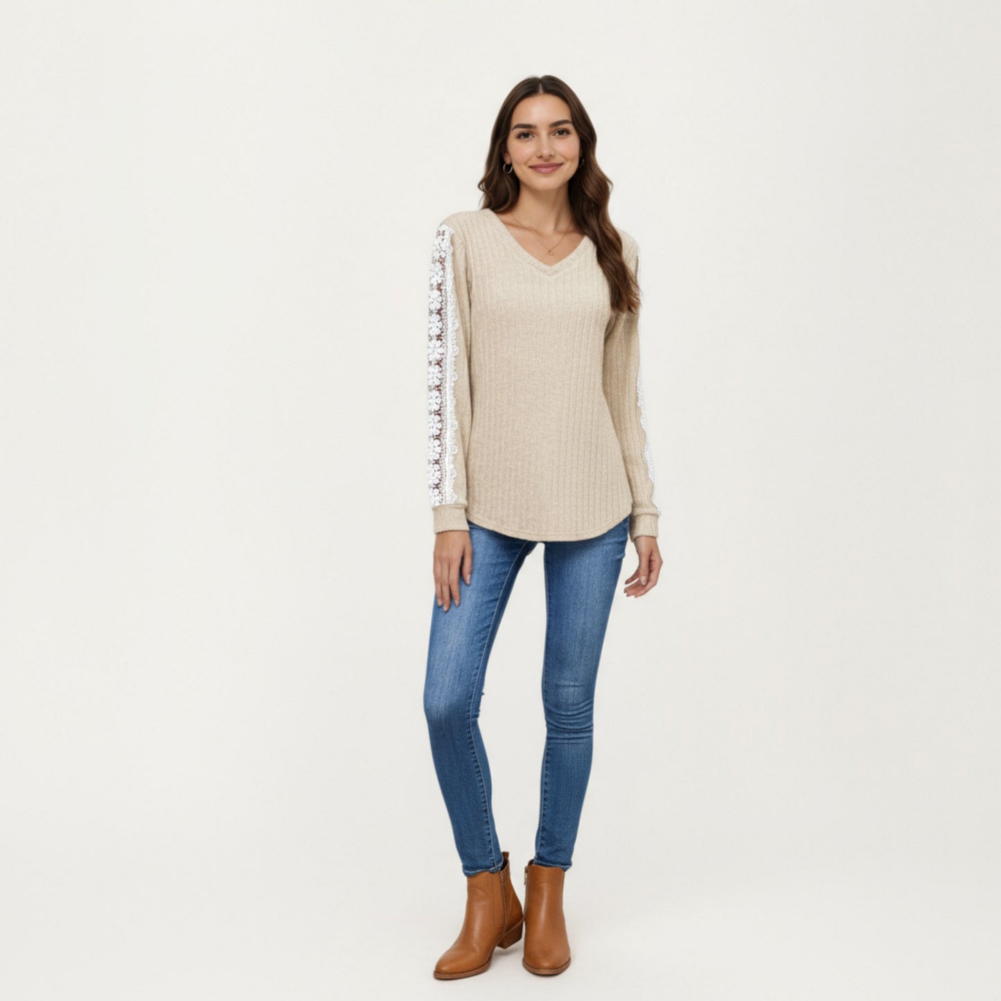 Long Sleeve V-Neck Knit Top with Lace Trim Detailing on Sleeves