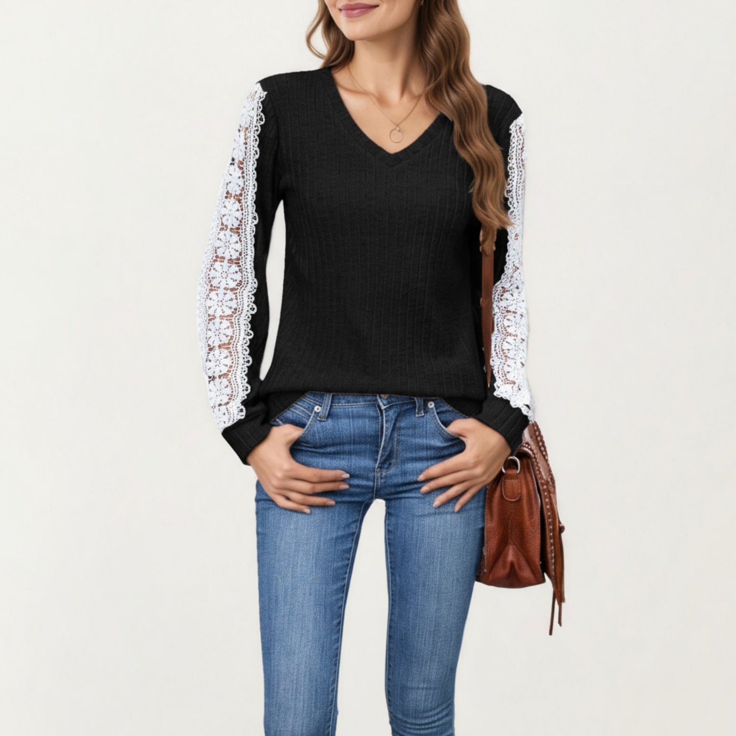Long Sleeve V-Neck Knit Top with Lace Trim Detailing on Sleeves
