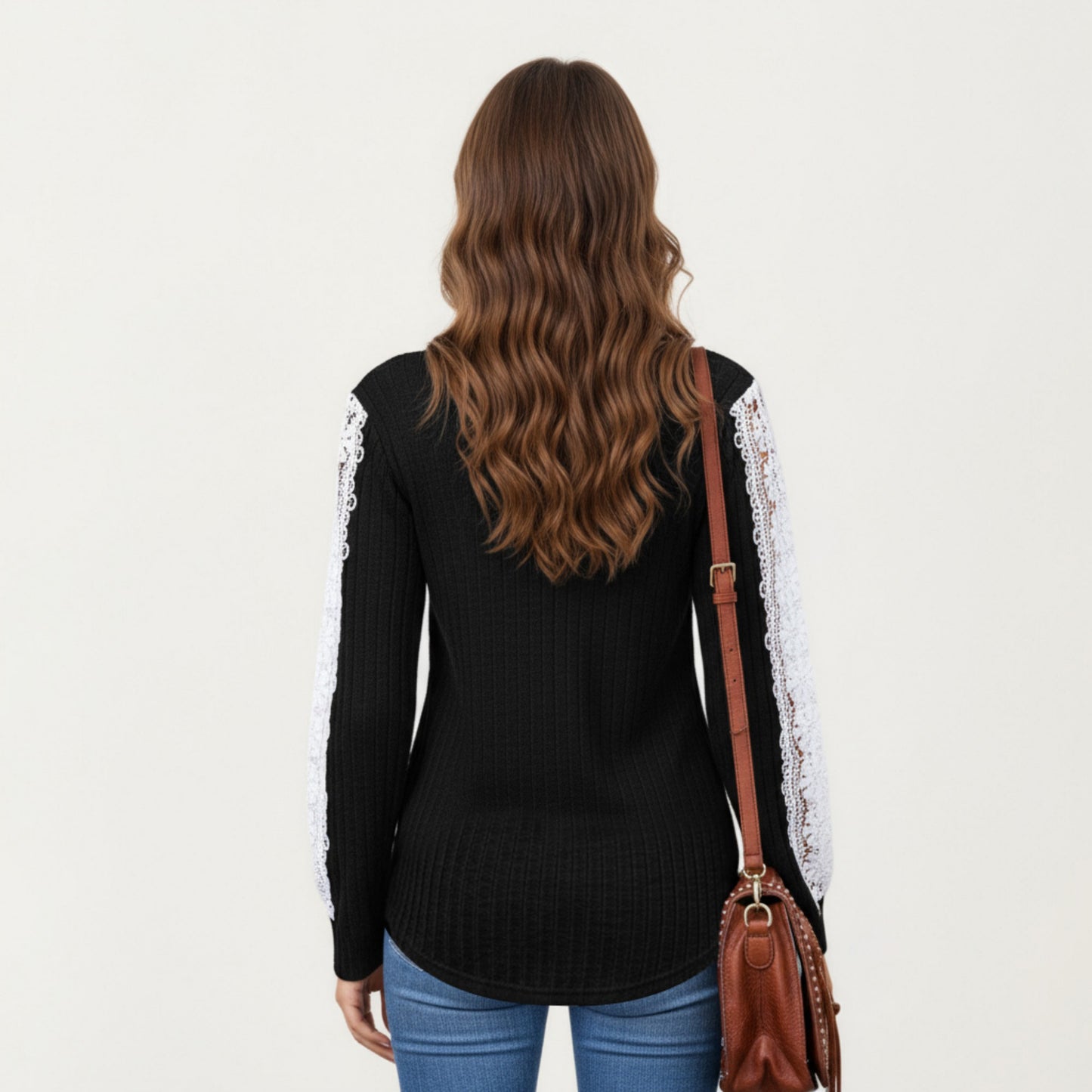 Long Sleeve V-Neck Knit Top with Lace Trim Detailing on Sleeves