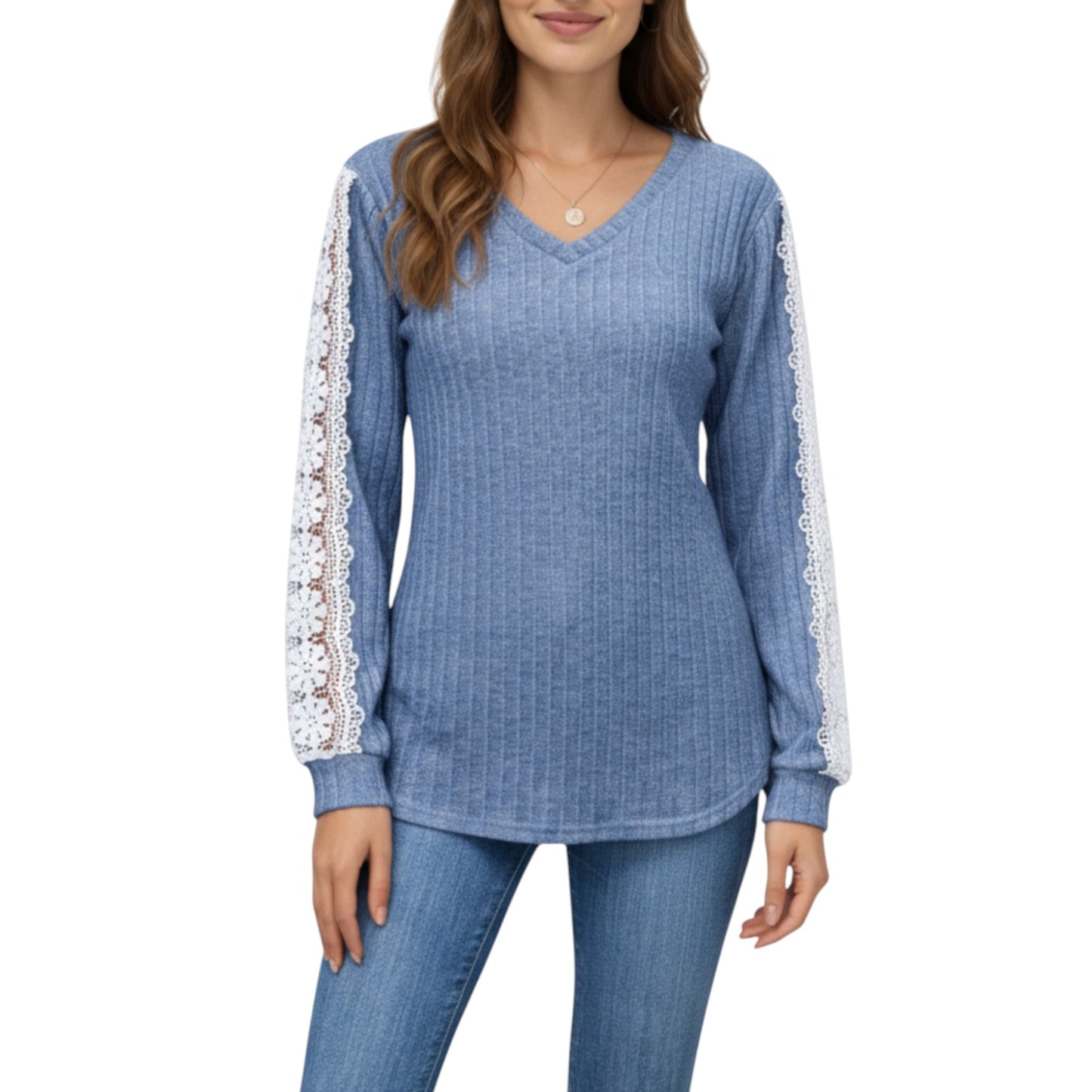 Long Sleeve V-Neck Knit Top with Lace Trim Detailing on Sleeves