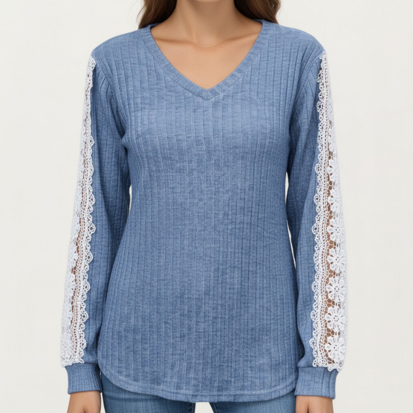 Long Sleeve V-Neck Knit Top with Lace Trim Detailing on Sleeves