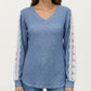 Long Sleeve V-Neck Knit Top with Lace Trim Detailing on Sleeves