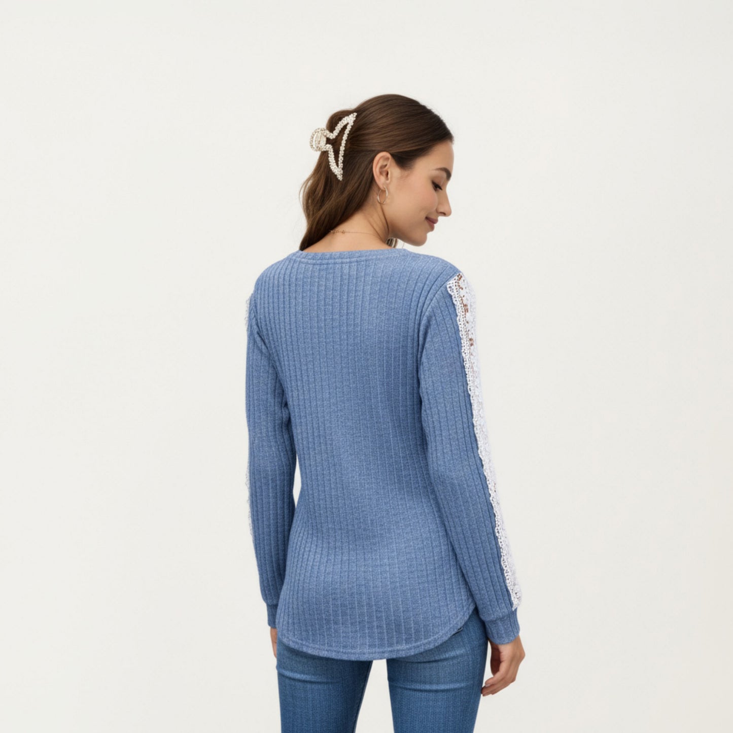 Long Sleeve V-Neck Knit Top with Lace Trim Detailing on Sleeves