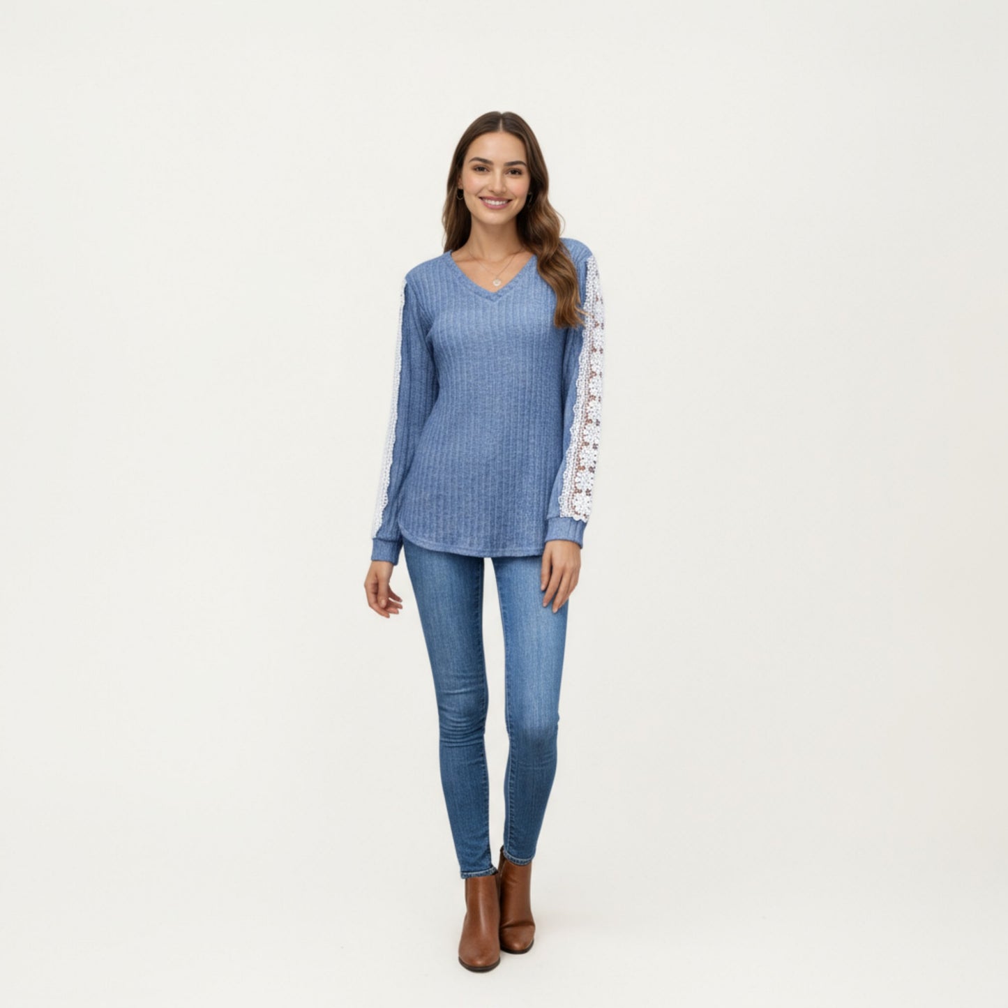 Long Sleeve V-Neck Knit Top with Lace Trim Detailing on Sleeves