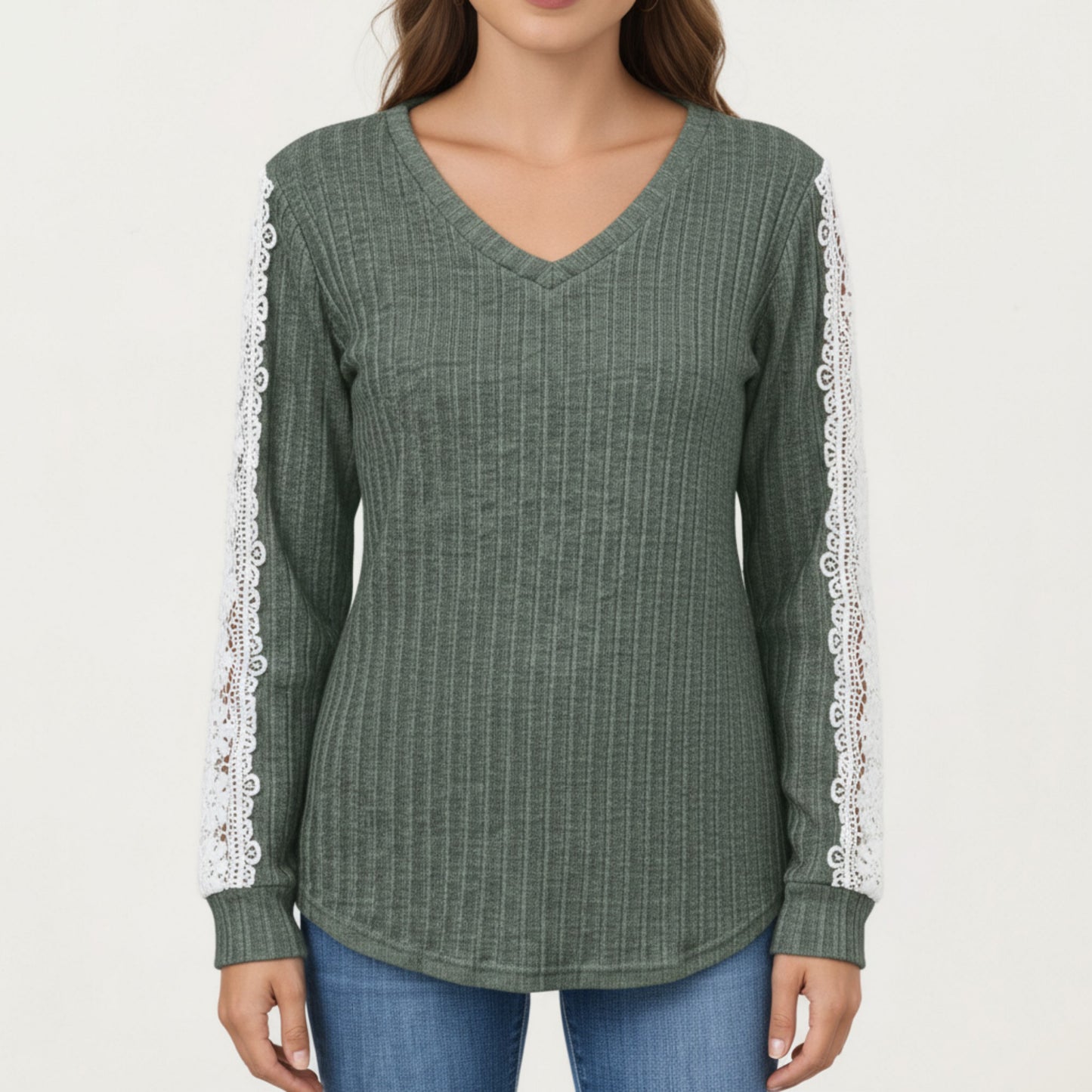 Long Sleeve V-Neck Knit Top with Lace Trim Detailing on Sleeves