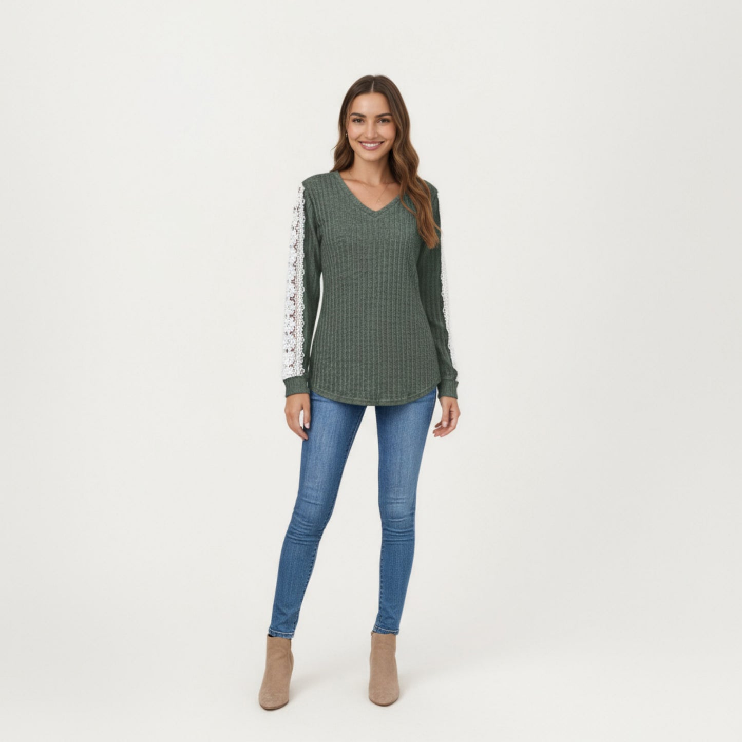 Long Sleeve V-Neck Knit Top with Lace Trim Detailing on Sleeves