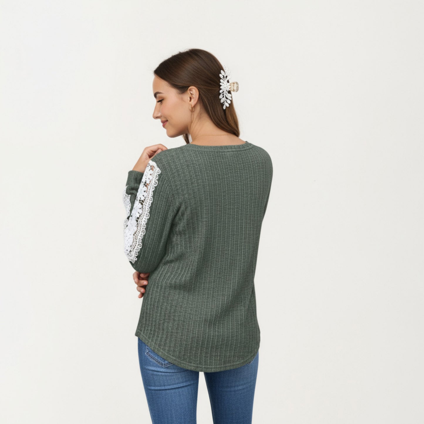 Long Sleeve V-Neck Knit Top with Lace Trim Detailing on Sleeves