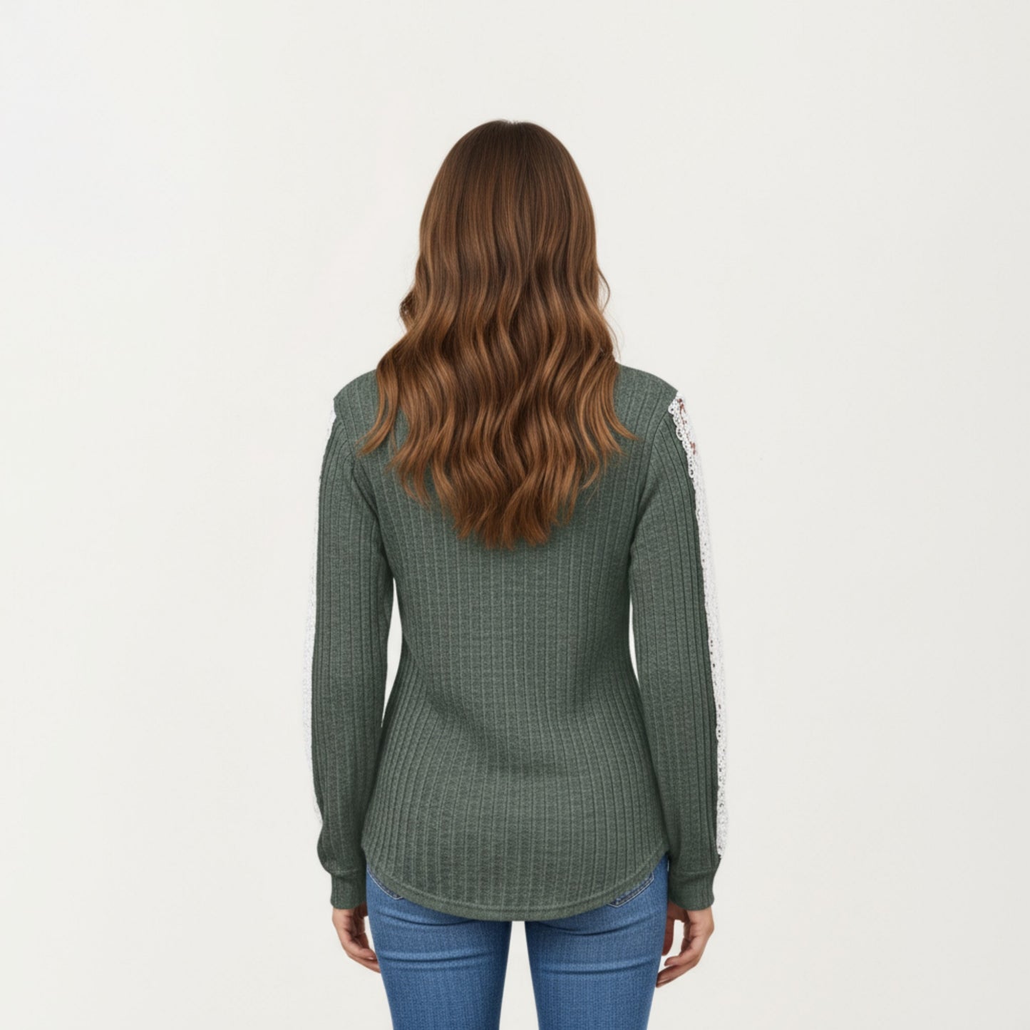 Long Sleeve V-Neck Knit Top with Lace Trim Detailing on Sleeves