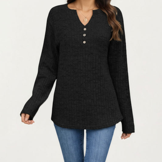 Long Sleeve Ribbed Knit Top with Button Front Detail and Curved Hem