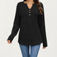 Long Sleeve Ribbed Knit Top with Button Front Detail and Curved Hem