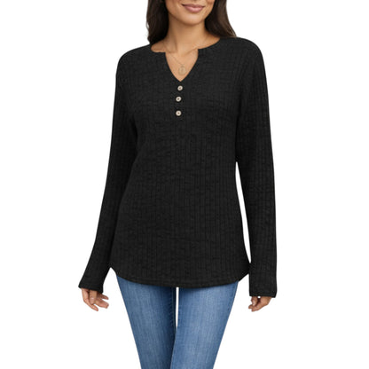 Long Sleeve Ribbed Knit Top with Button Front Detail and Curved Hem
