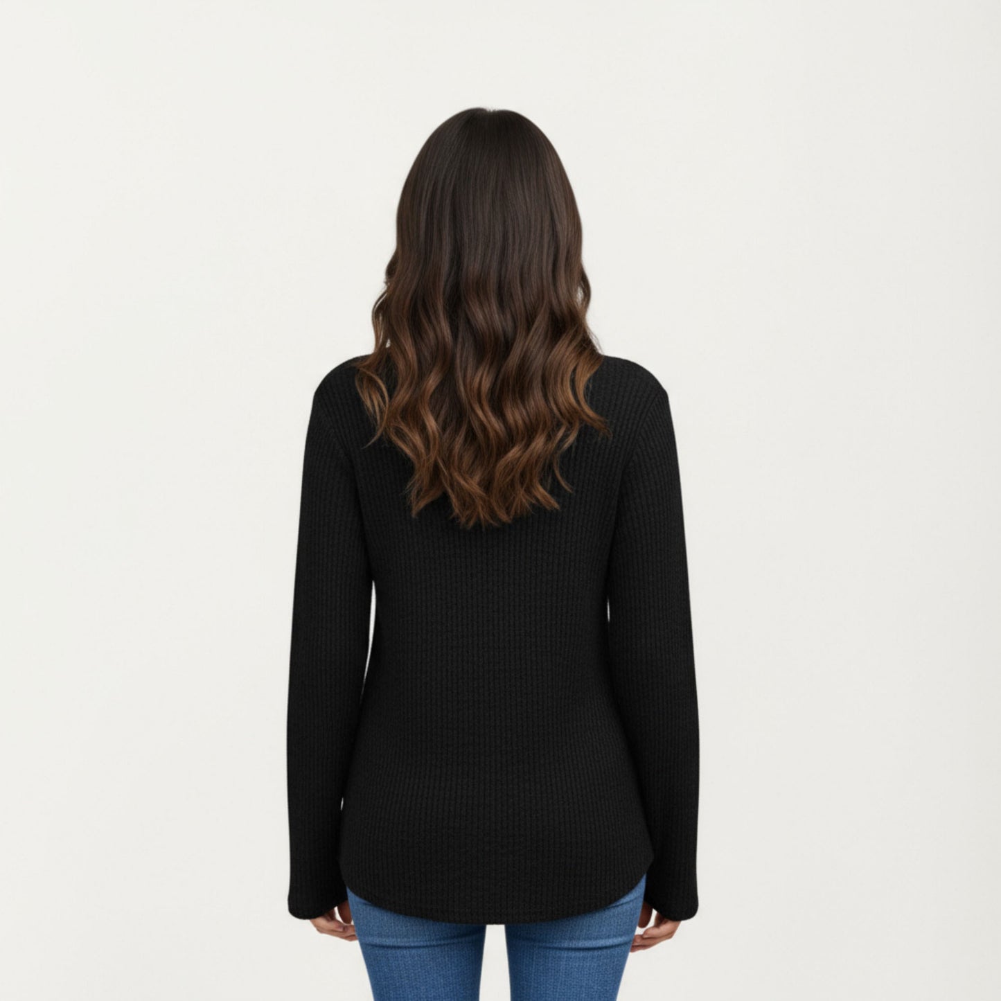 Long Sleeve Ribbed Knit Top with Button Front Detail and Curved Hem