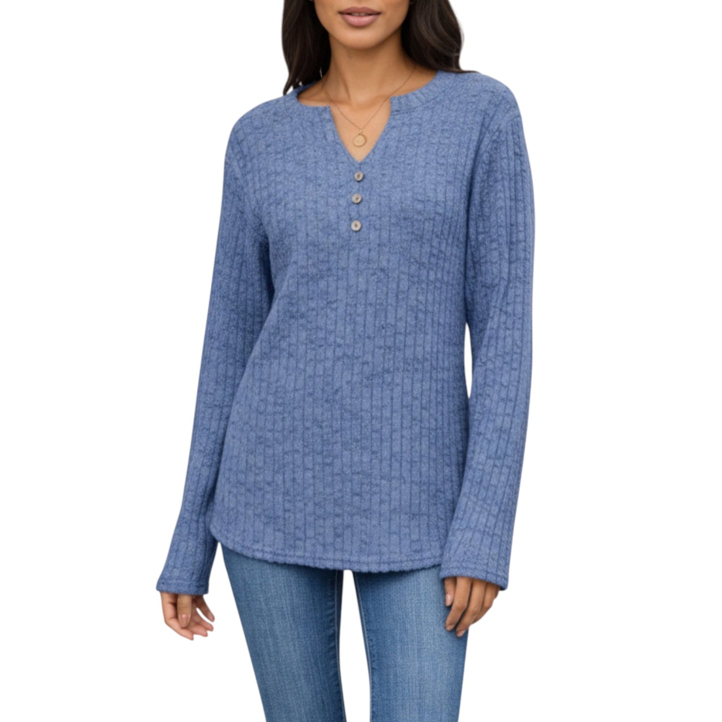 Long Sleeve Ribbed Knit Top with Button Front Detail and Curved Hem