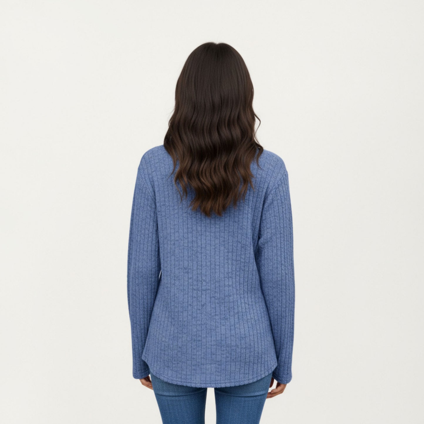 Long Sleeve Ribbed Knit Top with Button Front Detail and Curved Hem
