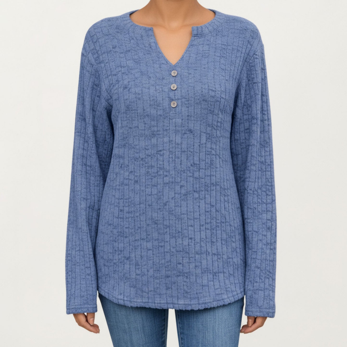 Long Sleeve Ribbed Knit Top with Button Front Detail and Curved Hem