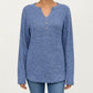 Long Sleeve Ribbed Knit Top with Button Front Detail and Curved Hem