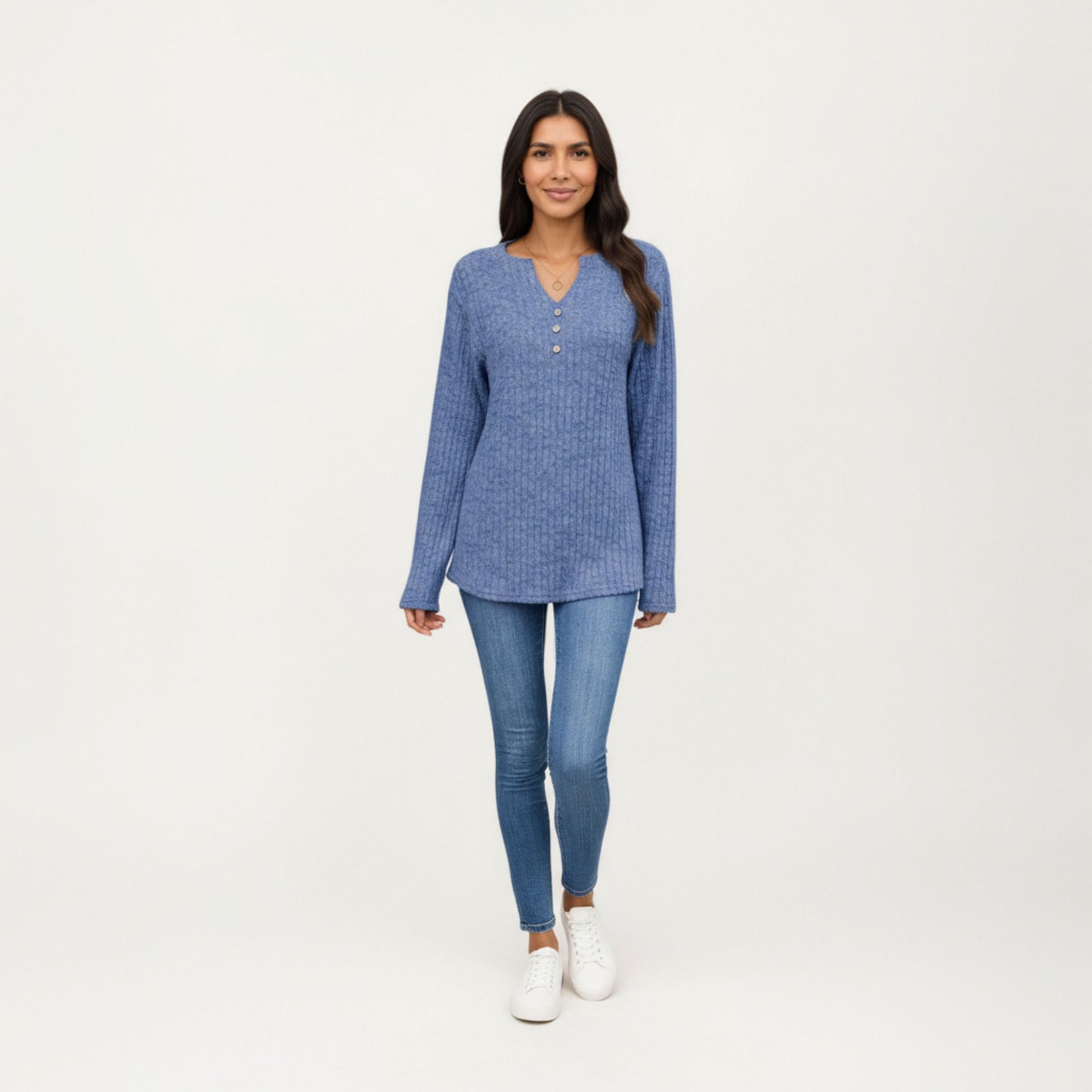 Long Sleeve Ribbed Knit Top with Button Front Detail and Curved Hem