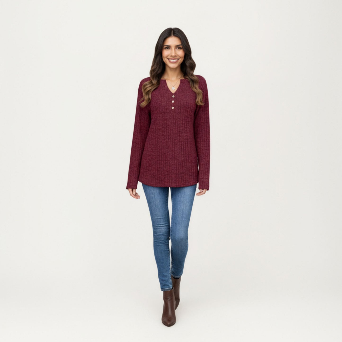 Long Sleeve Ribbed Knit Top with Button Front Detail and Curved Hem