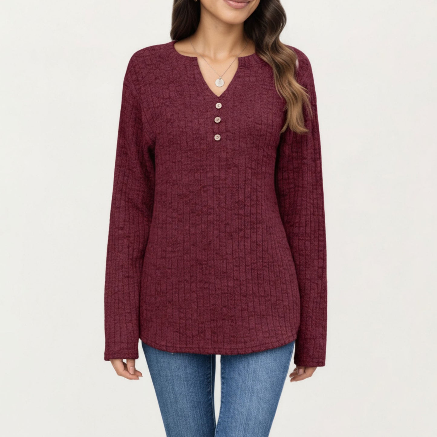 Long Sleeve Ribbed Knit Top with Button Front Detail and Curved Hem
