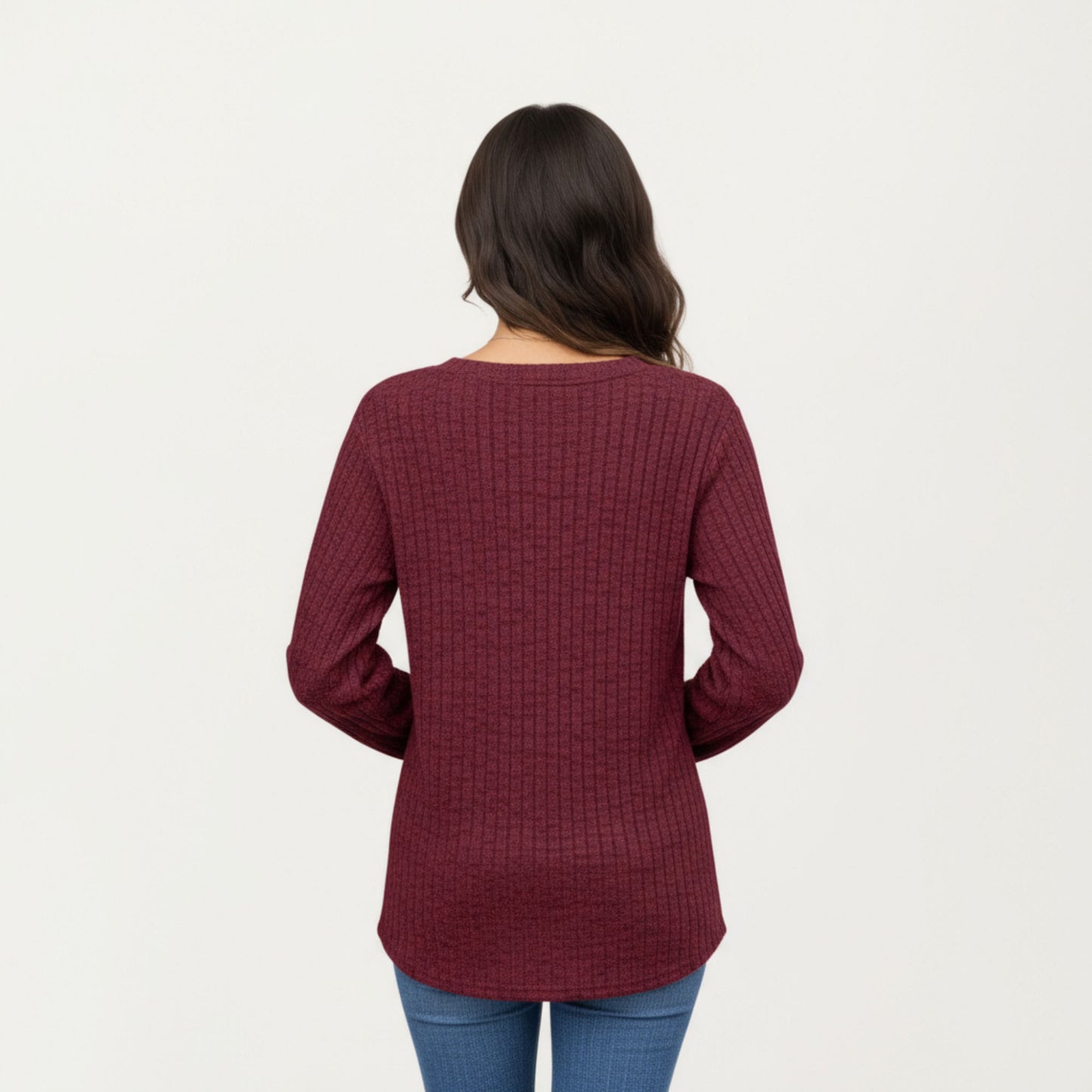 Long Sleeve Ribbed Knit Top with Button Front Detail and Curved Hem