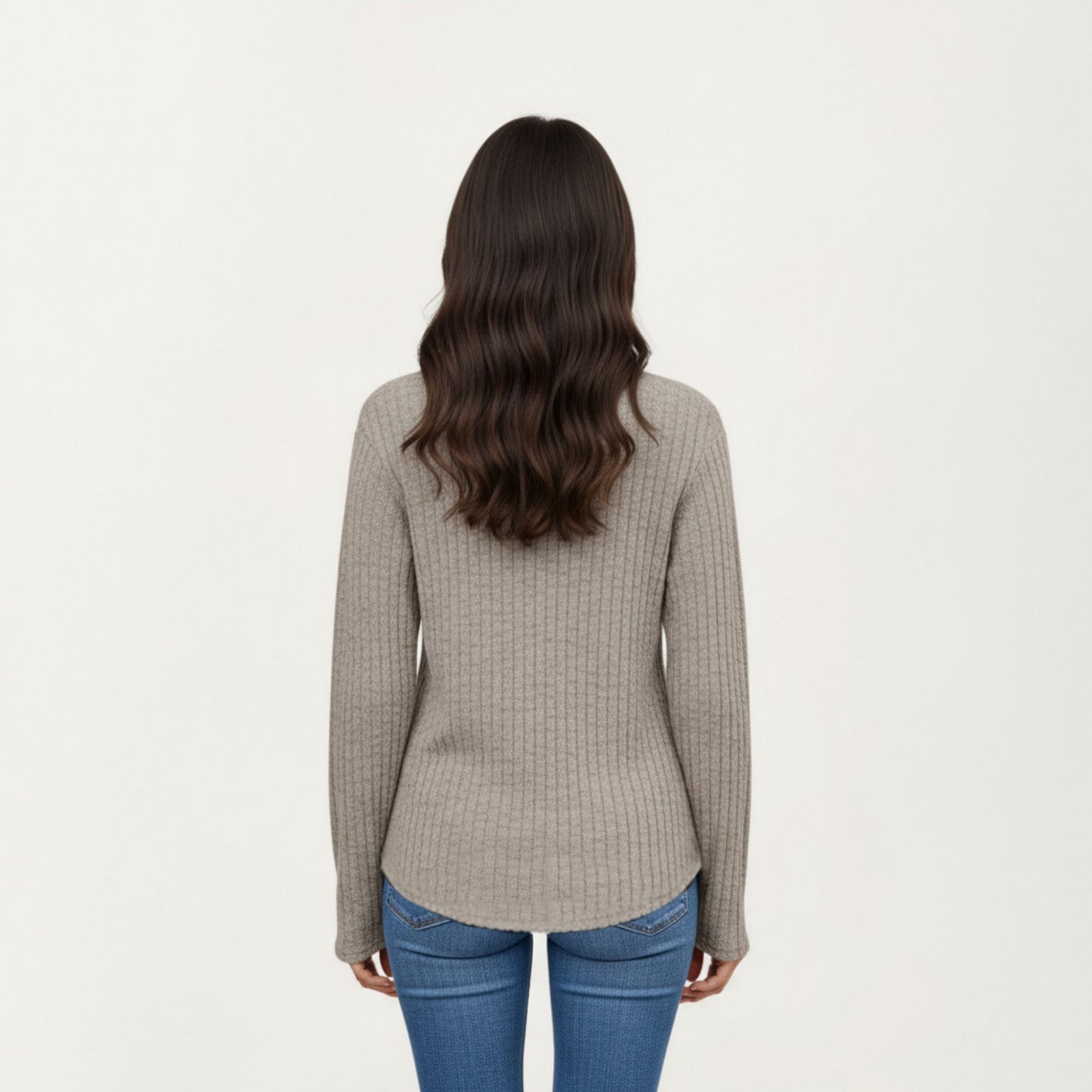 Long Sleeve Ribbed Knit Top with Button Front Detail and Curved Hem