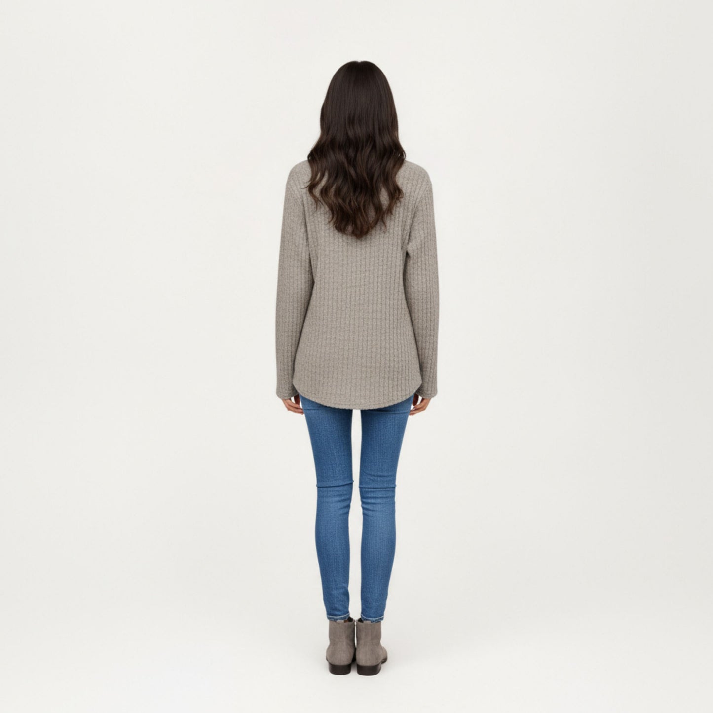 Long Sleeve Ribbed Knit Top with Button Front Detail and Curved Hem