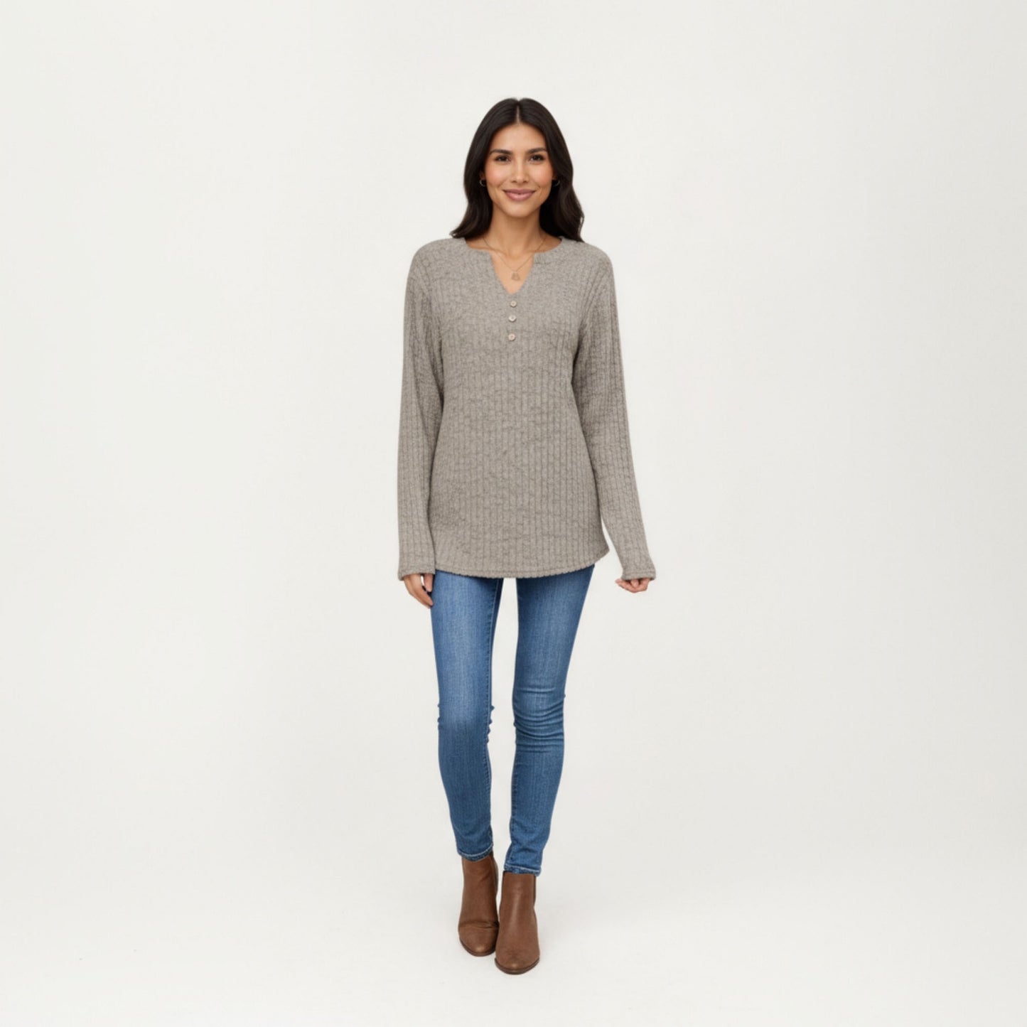Long Sleeve Ribbed Knit Top with Button Front Detail and Curved Hem