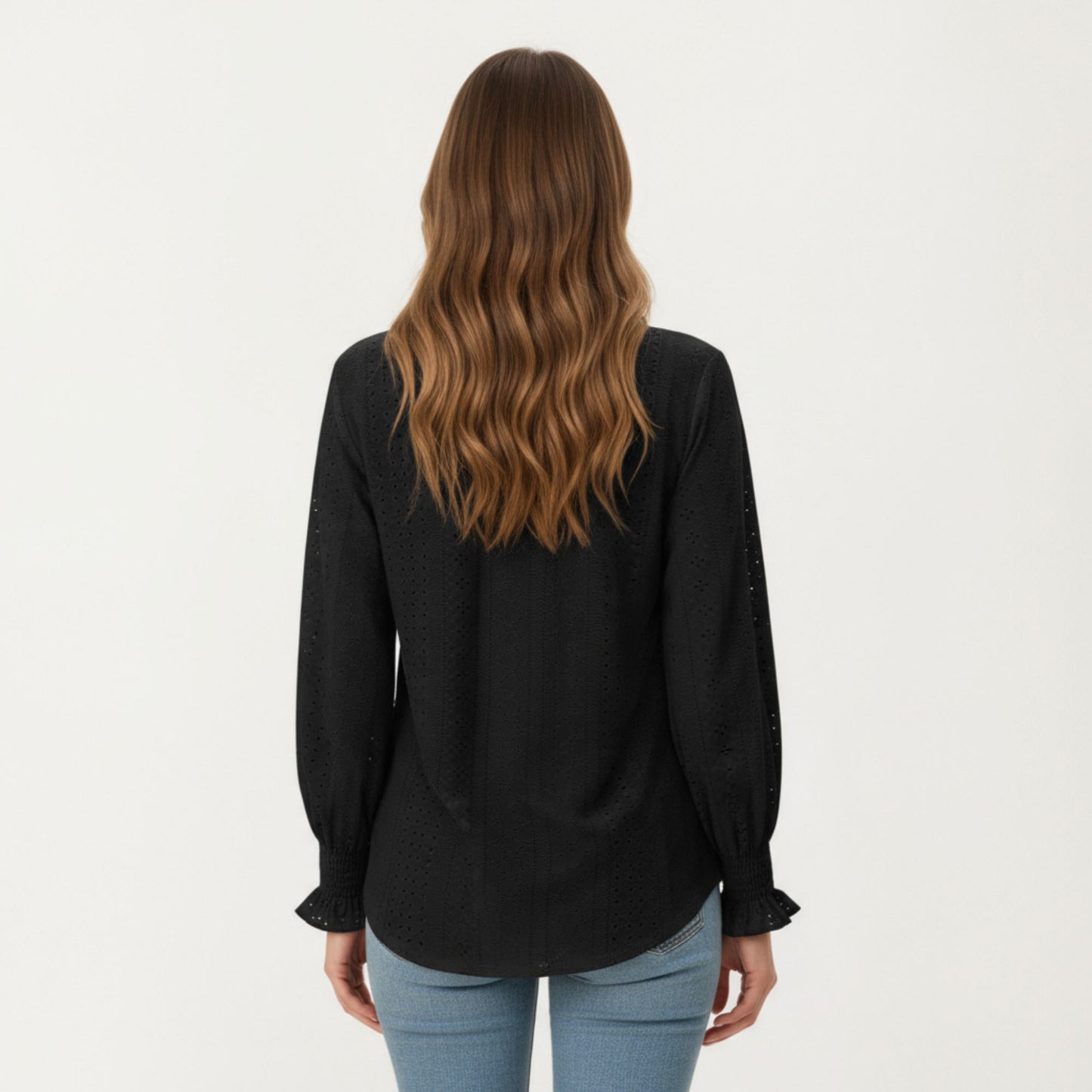 Long Sleeve Eyelet Embroidered Top with V-Neckline and Ruffle Cuffs