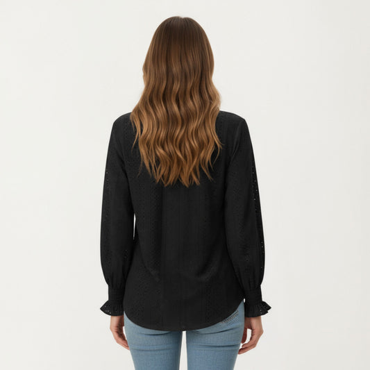 Long Sleeve Eyelet Embroidered Top with V-Neckline and Ruffle Cuffs