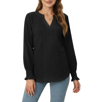 Long Sleeve Eyelet Embroidered Top with V-Neckline and Ruffle Cuffs