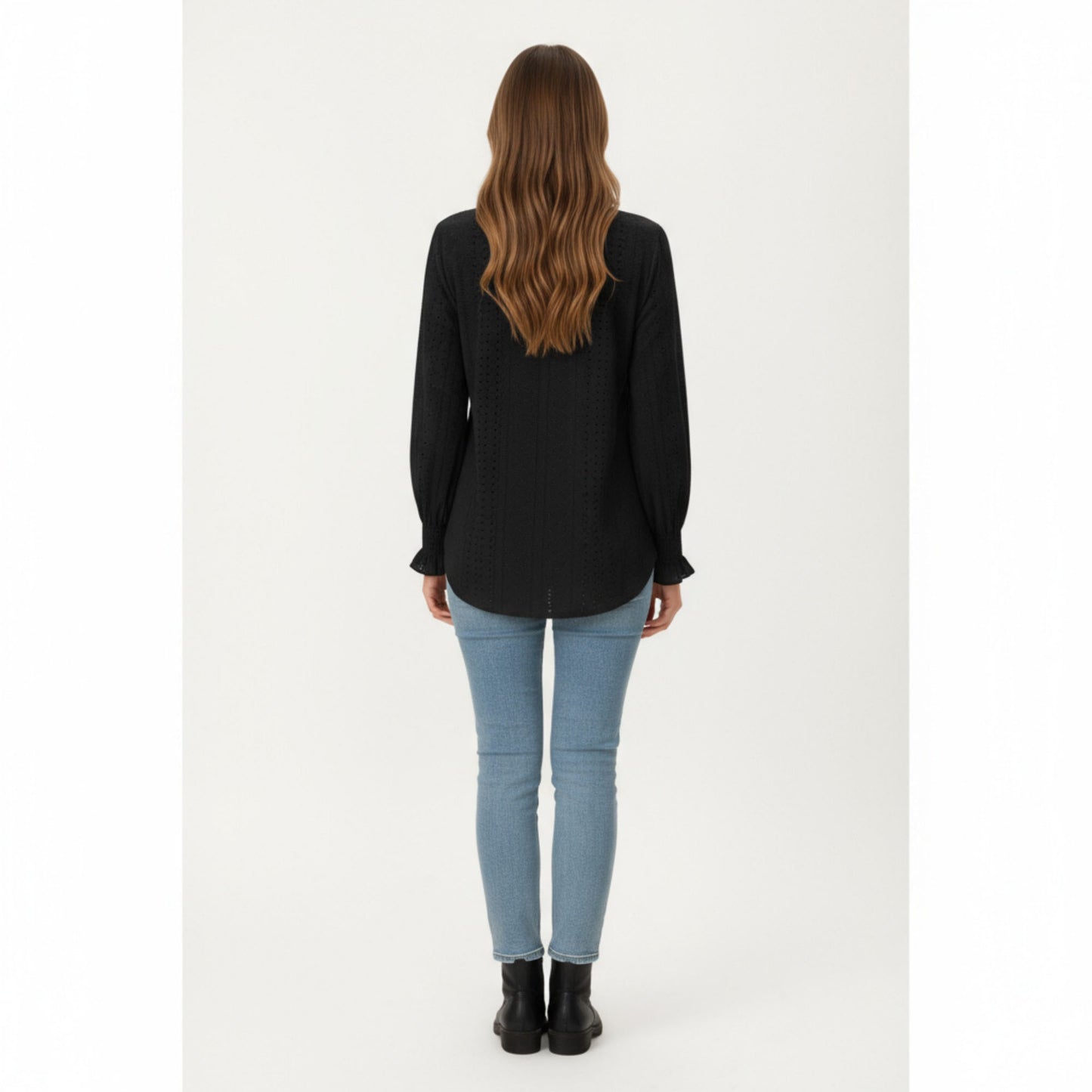 Long Sleeve Eyelet Embroidered Top with V-Neckline and Ruffle Cuffs