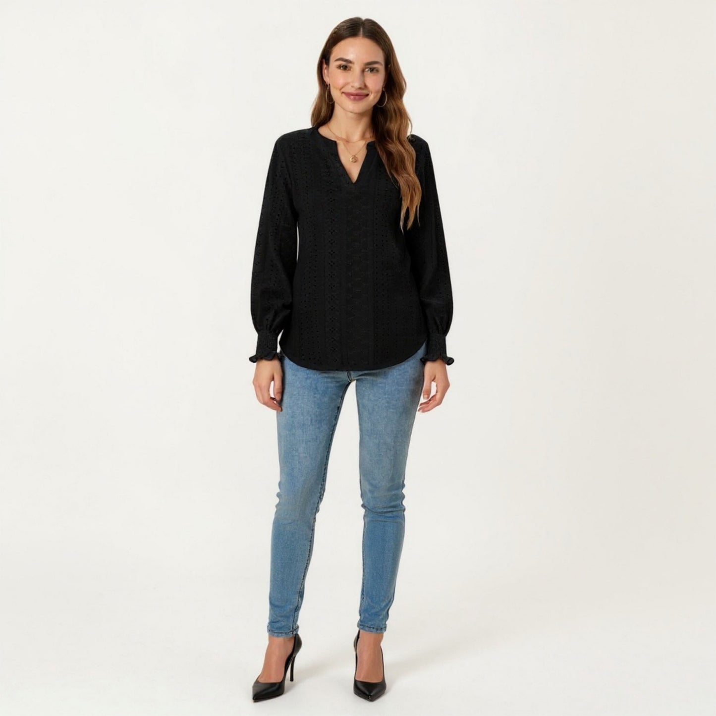 Long Sleeve Eyelet Embroidered Top with V-Neckline and Ruffle Cuffs