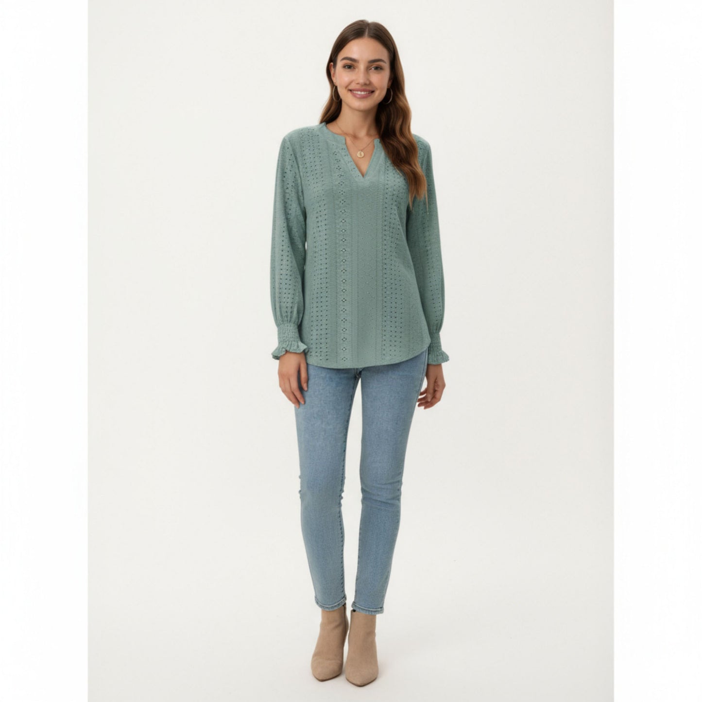 Long Sleeve Eyelet Embroidered Top with V-Neckline and Ruffle Cuffs