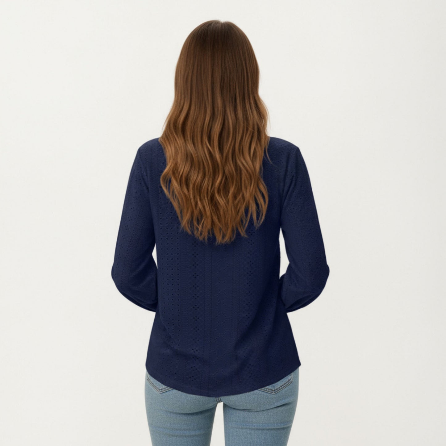 Long Sleeve Eyelet Embroidered Top with V-Neckline and Ruffle Cuffs