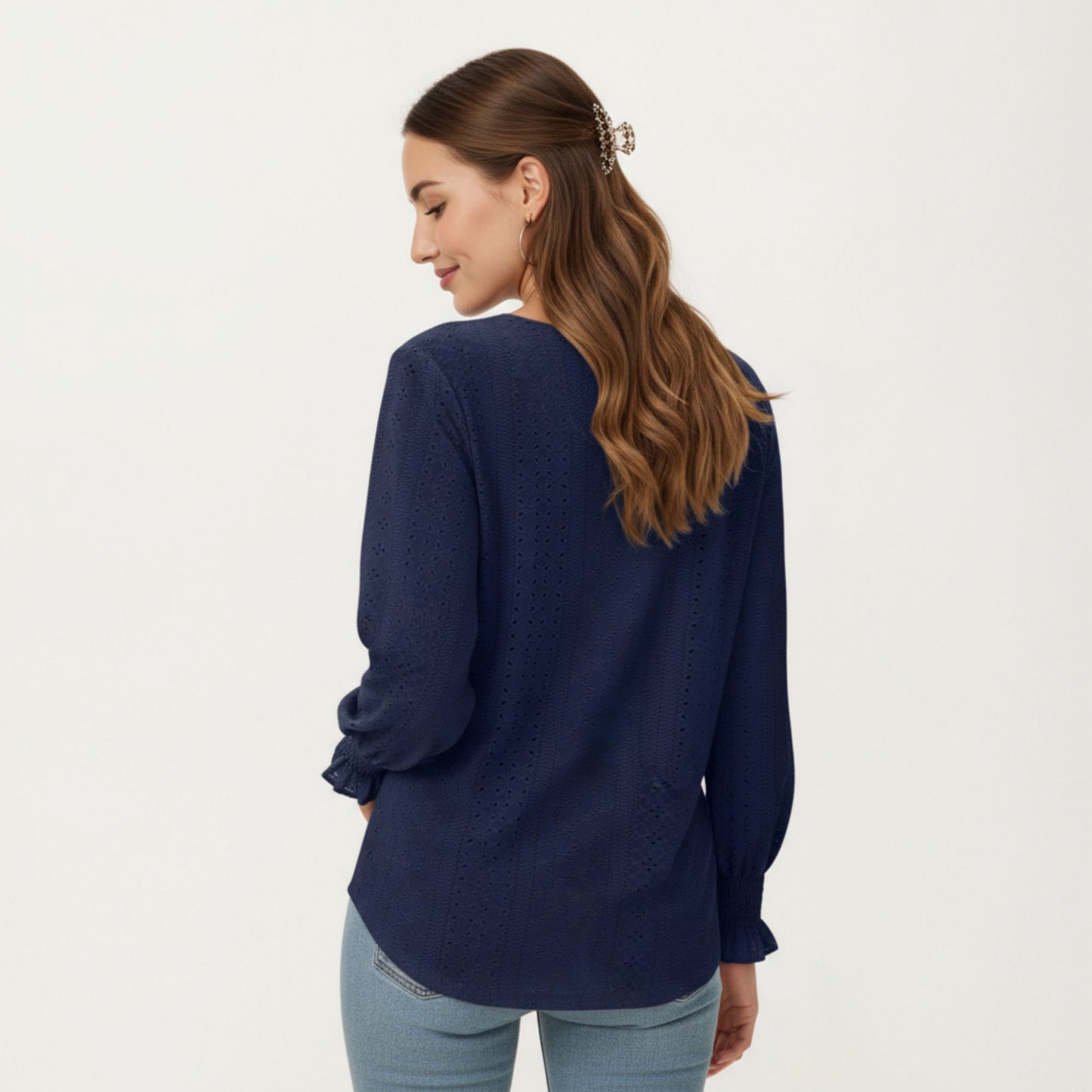 Long Sleeve Eyelet Embroidered Top with V-Neckline and Ruffle Cuffs