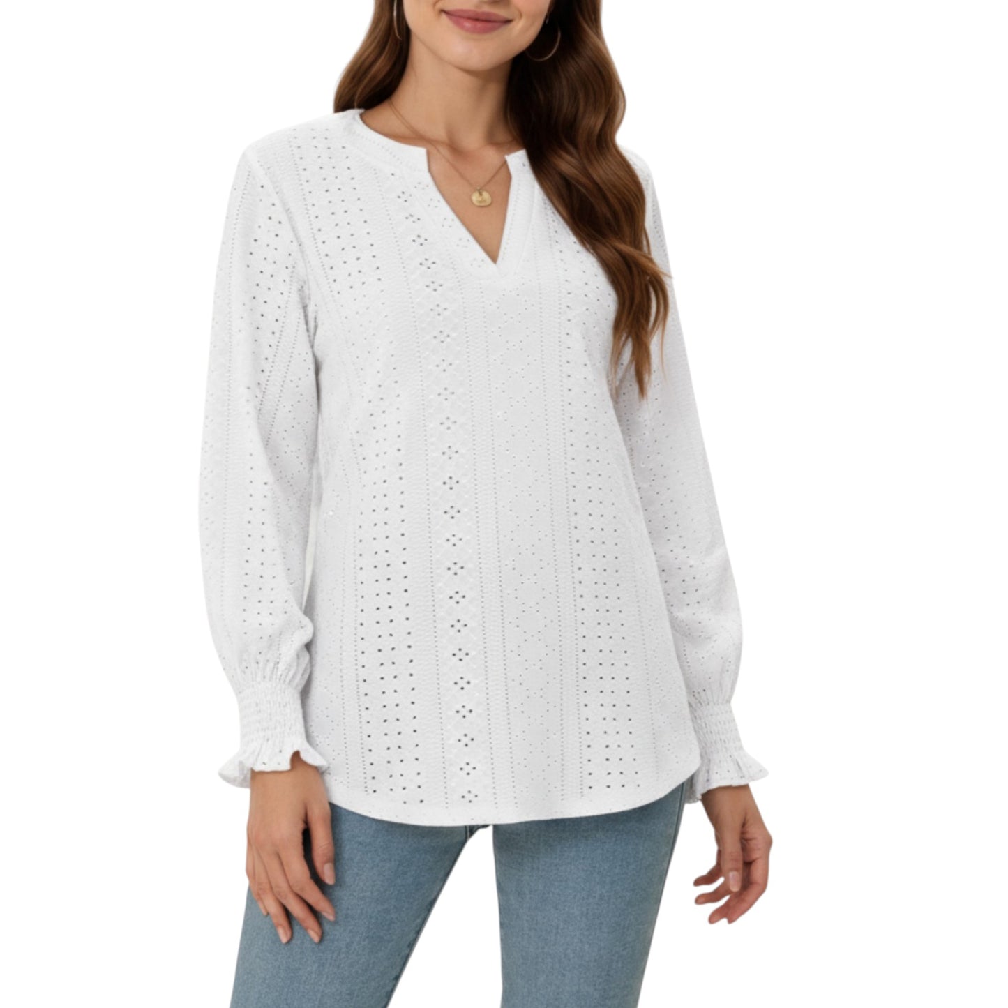Long Sleeve Eyelet Embroidered Top with V-Neckline and Ruffle Cuffs