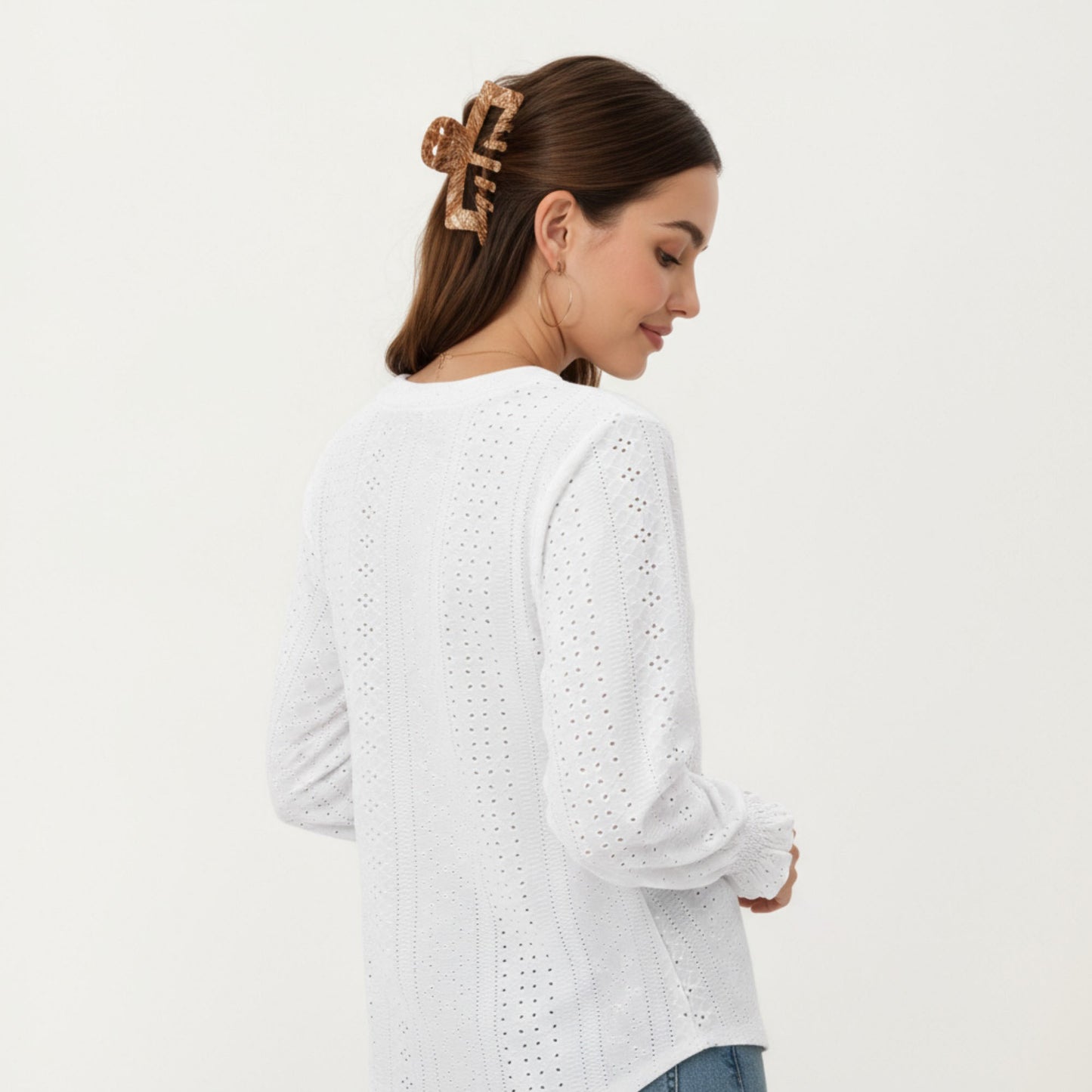 Long Sleeve Eyelet Embroidered Top with V-Neckline and Ruffle Cuffs