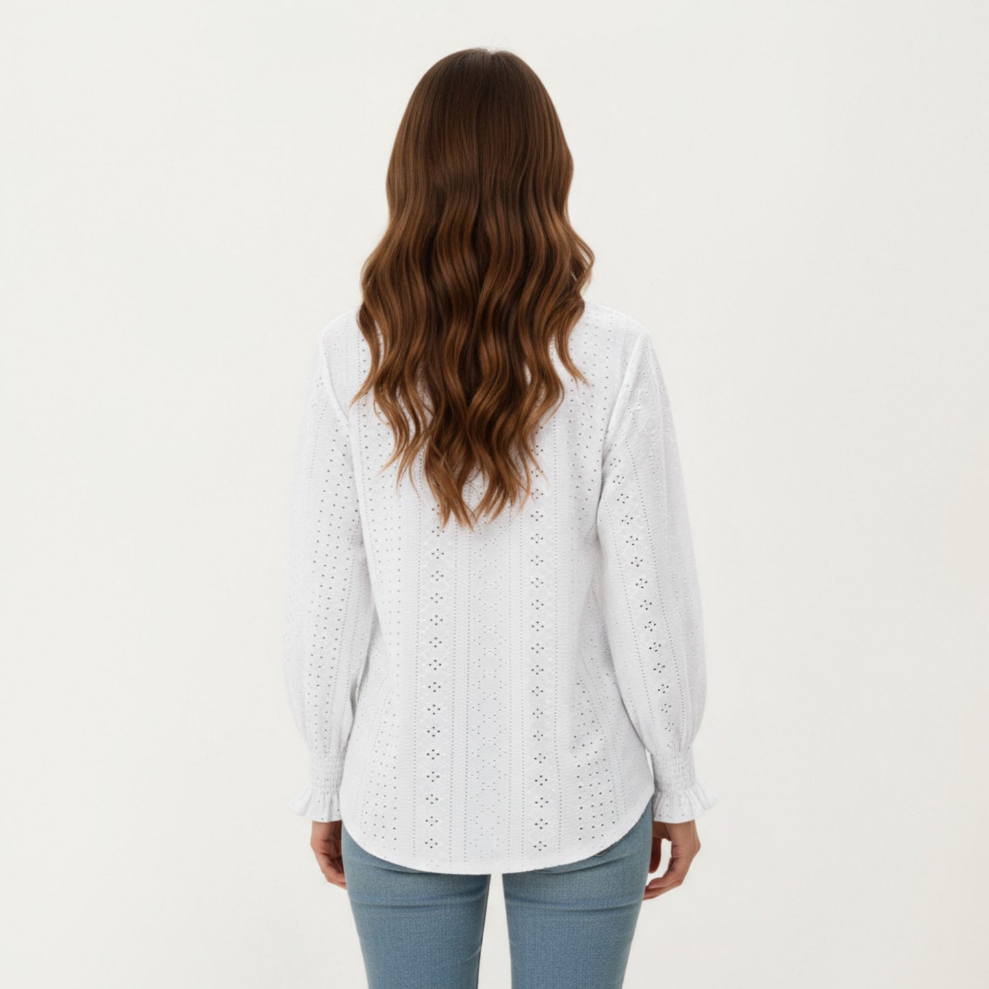 Long Sleeve Eyelet Embroidered Top with V-Neckline and Ruffle Cuffs