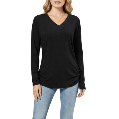 Long Sleeve V-Neck Top with Ruched Side Detailing